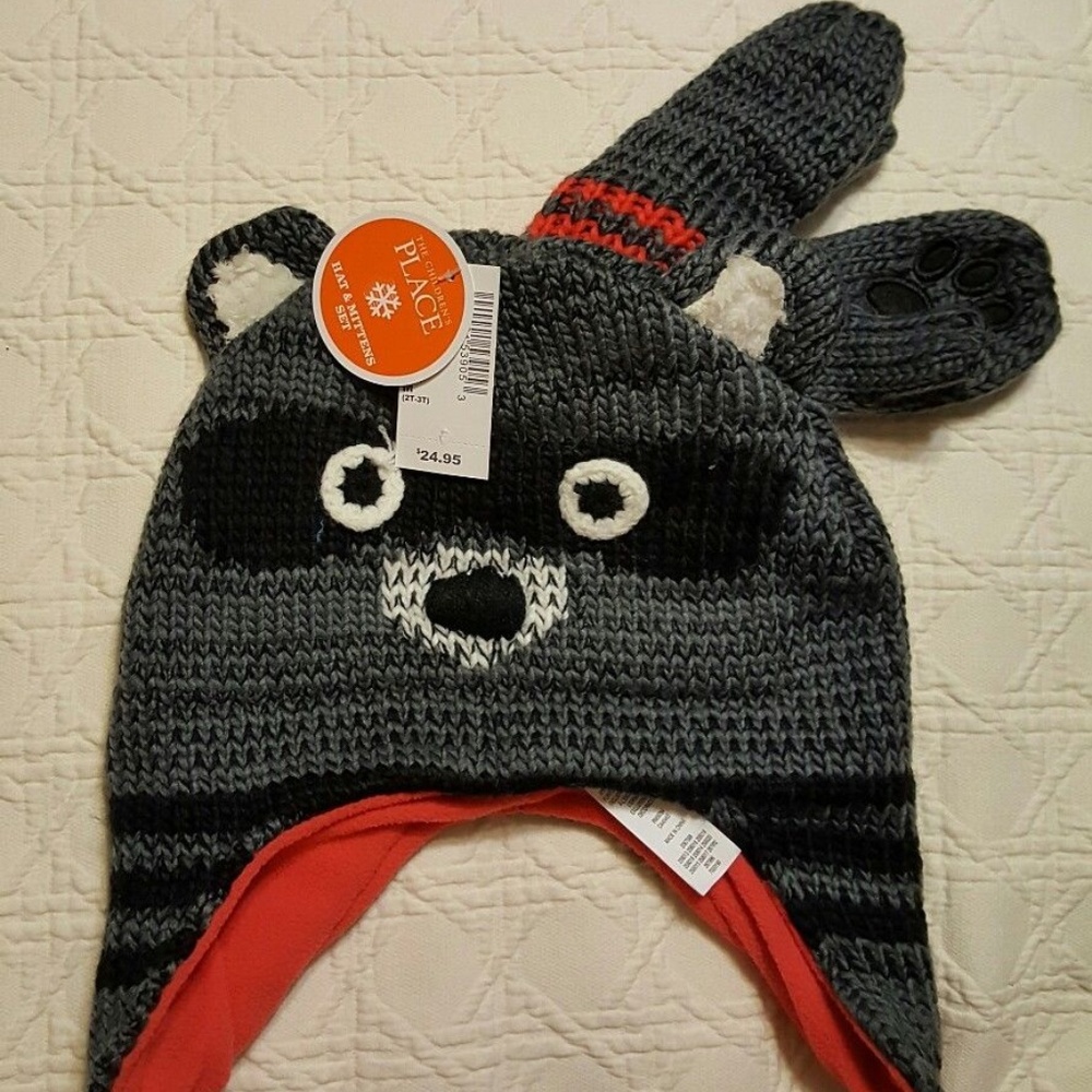 Racoon Lined Knit Hat and Mittens Size M 2T  New